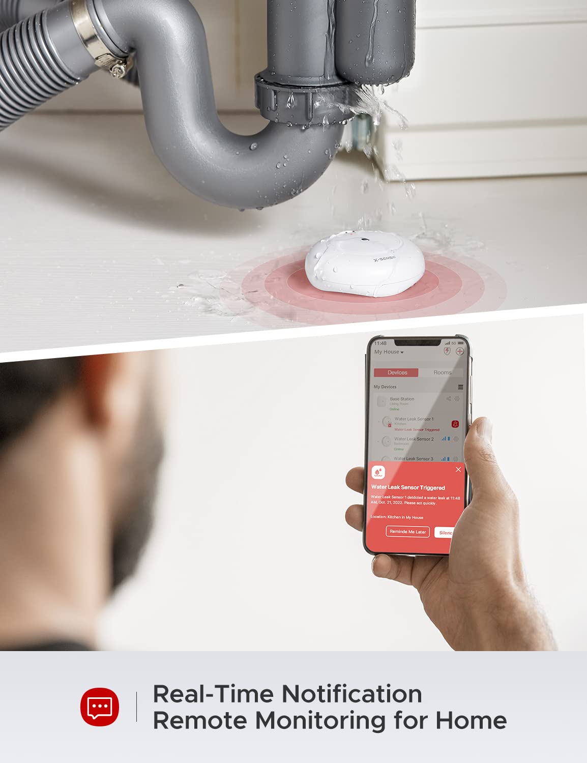 X-Sense Smart Water Leak Detector, Wi-Fi Water Sensor, an Accessory for SWS54 Water Sensor Kit, Single Pack, Model SWS51, 3-Pack
