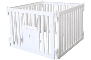 RIZZARI Foldable Plastic Dog Playpen, 4 Panels Pet Fence with Doors for Small Cats and Dogs, Portable Pet Barrier for Indoor and Outdoor, Easy to Assemble (White with Door)