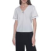 Karl Lagerfeld Womens Short Sleeve V-Neck with Crystal Bow Top