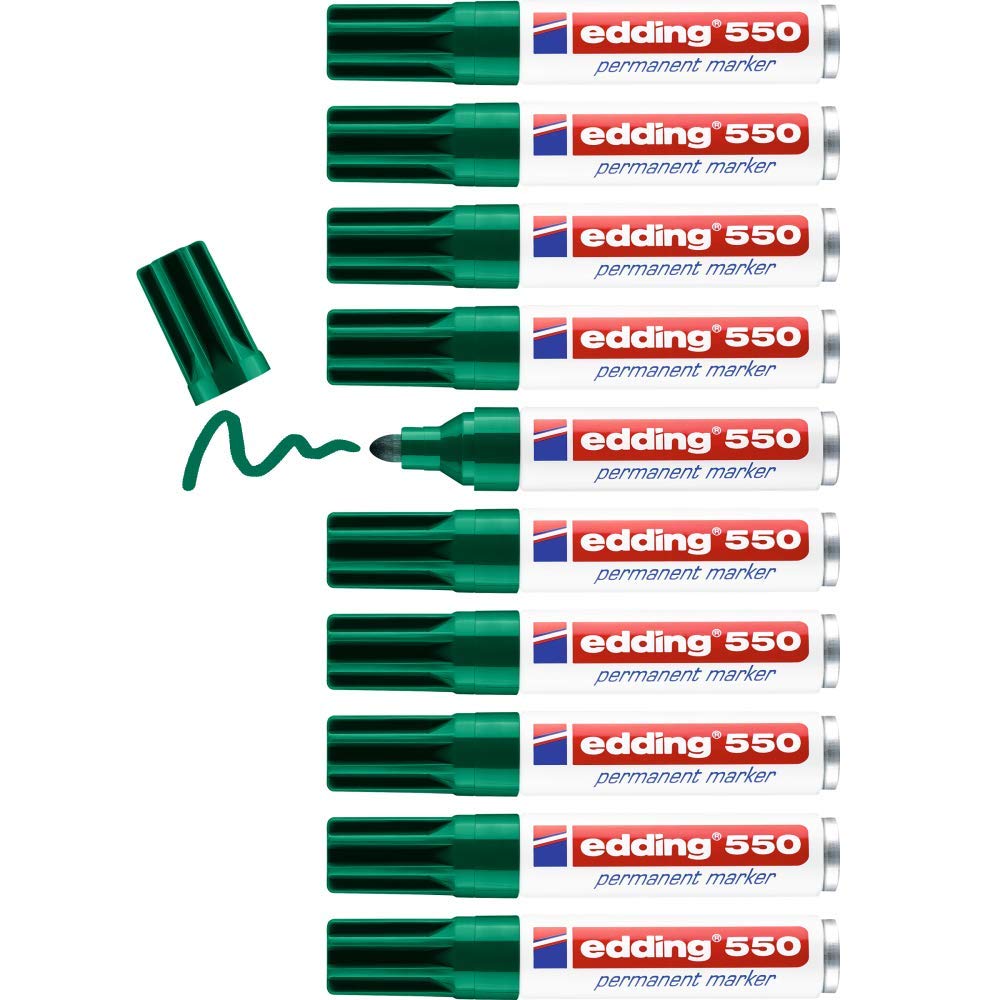 edding 550 permanent marker - green - 10 pens - round tip 3-4 mm - waterproof, quick-drying, smear-proof pens - for cardboard, plastic, wood, metal, glass and fabric