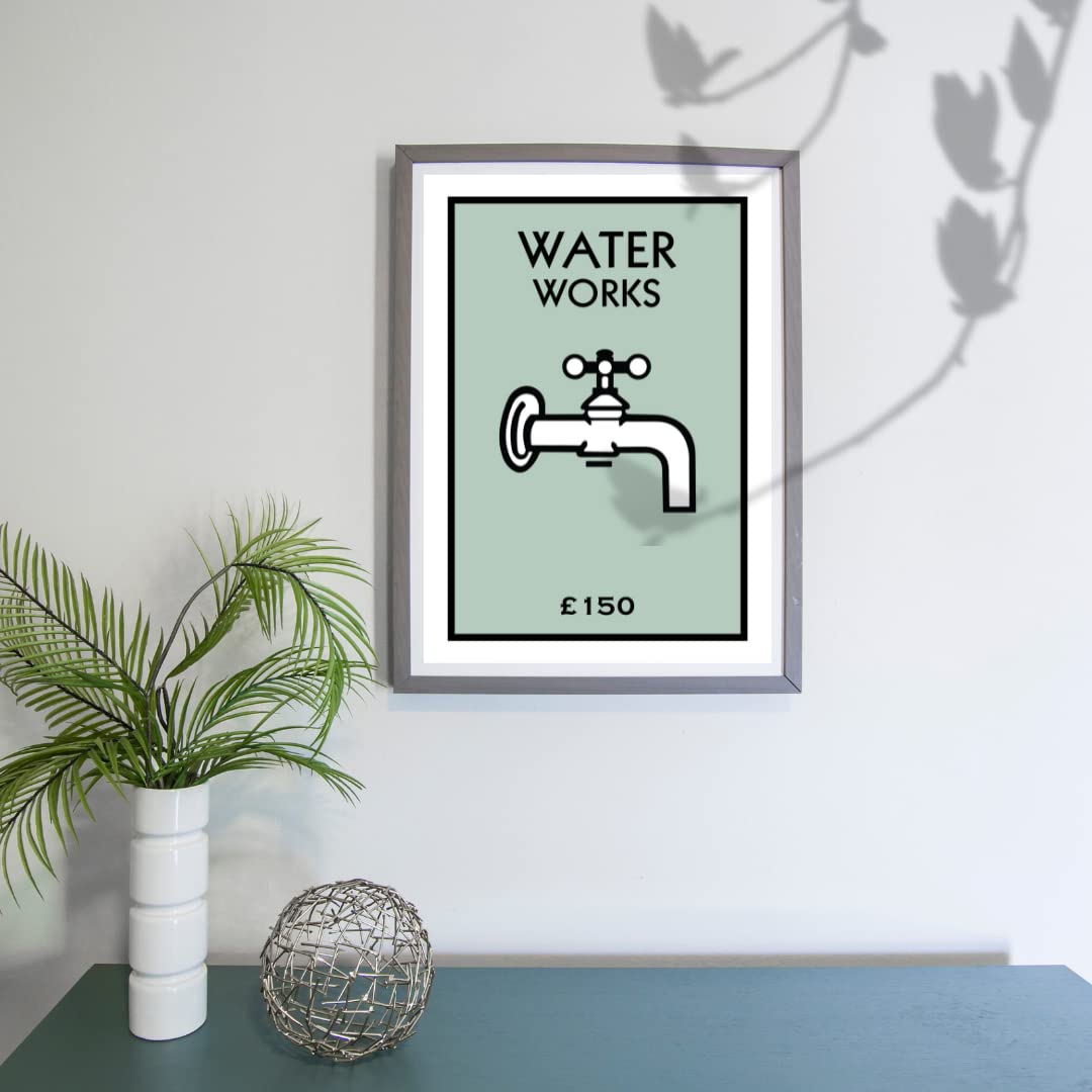 Water Works Monopoly Style Bathroom Print, Wall Art, Kitchen Poster, New Home Decor, Wall Art, Gallery Wall, A4 A3 A2 Personalised Gift Housewarming New Home (Sage Green, A4 Unframed)