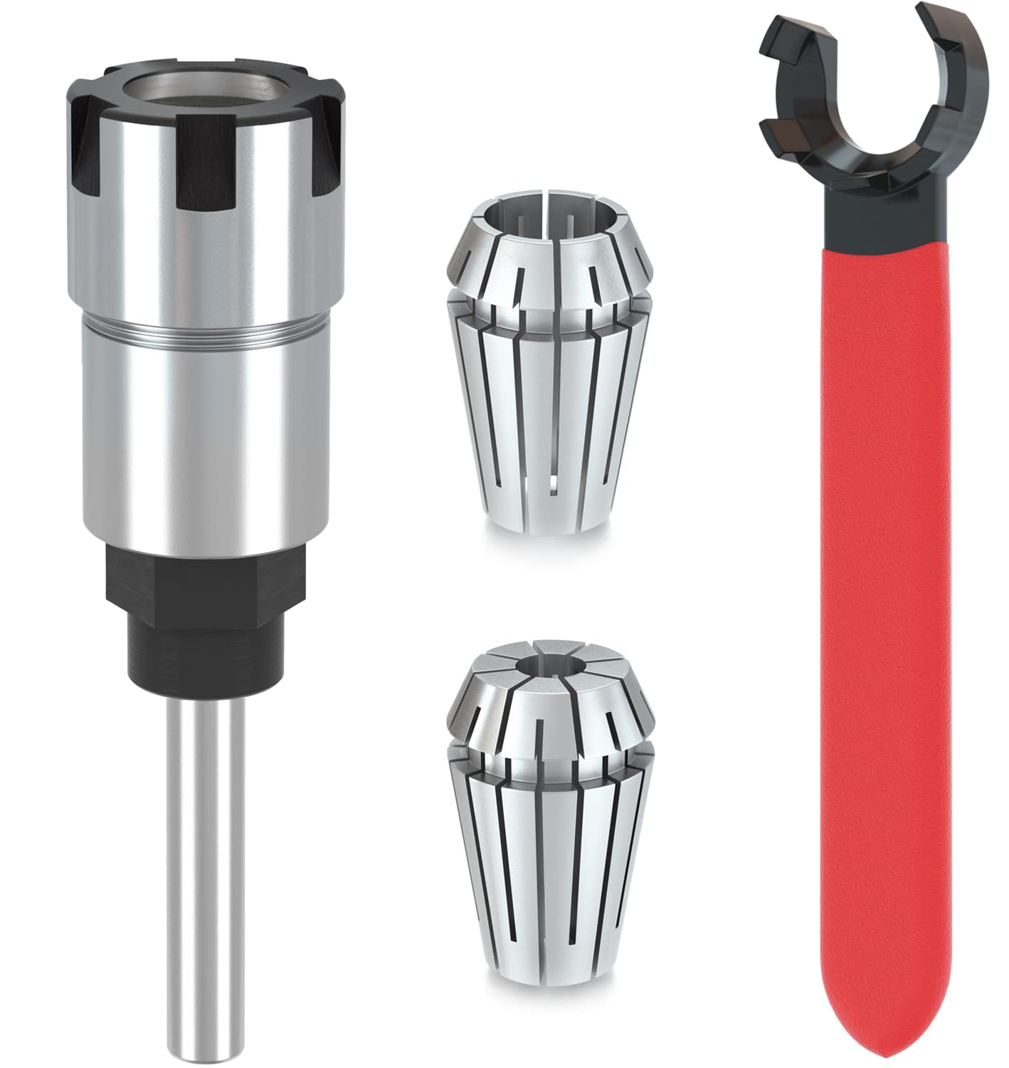 Photo 1 of 1/4 Inch Shank Router Bit Collet Extension Chuck Converter Adapter, Convert 1/8-Inch & 1/4-Inch Shank Bits with ER16 Spring Collet, ER16 M Type Collet Chuck Wrench Spanner -(Pack of 4)