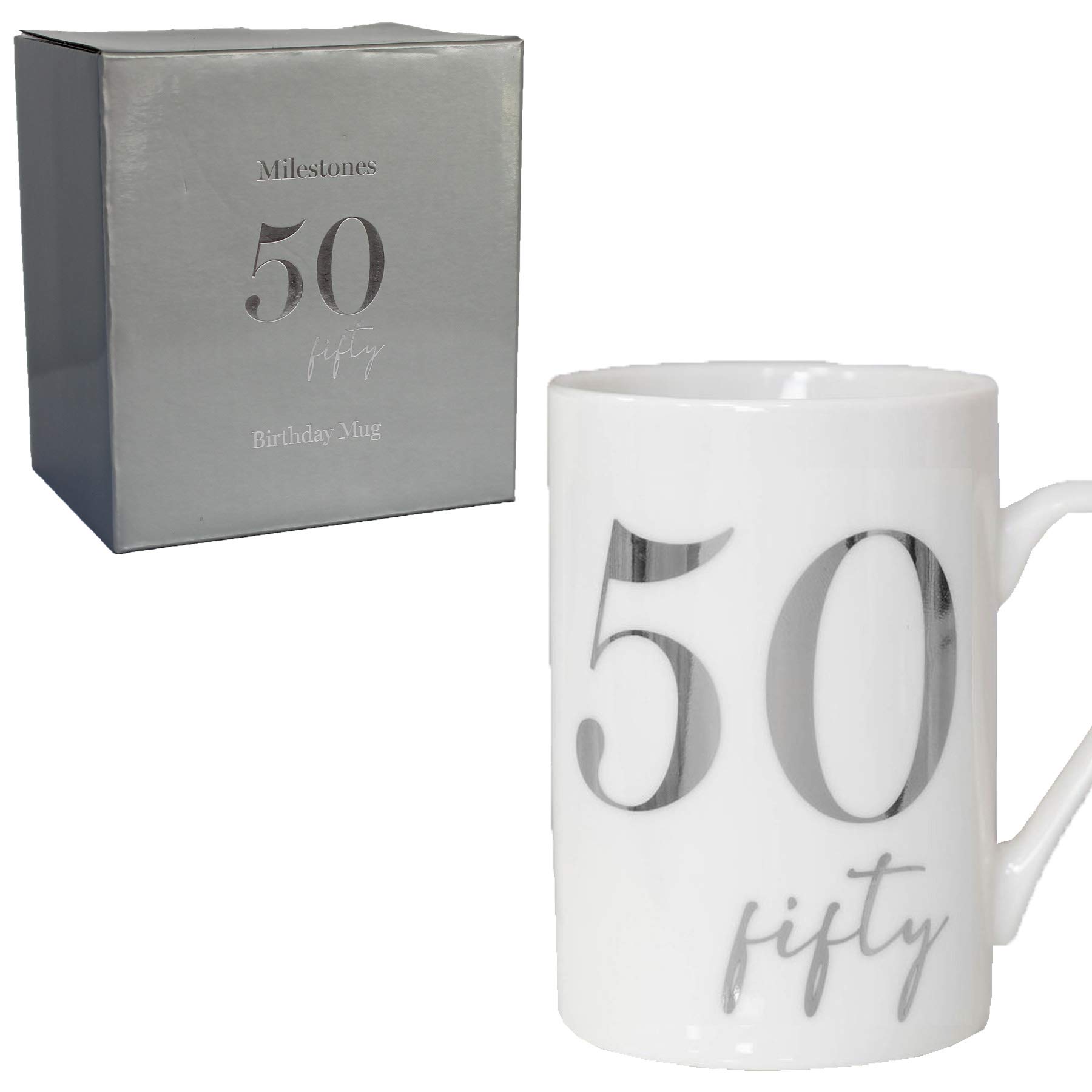 Widdle Gifts Ltd White Bone China Mug with Silver Foil Number - 50th Fifty 50 Birthday