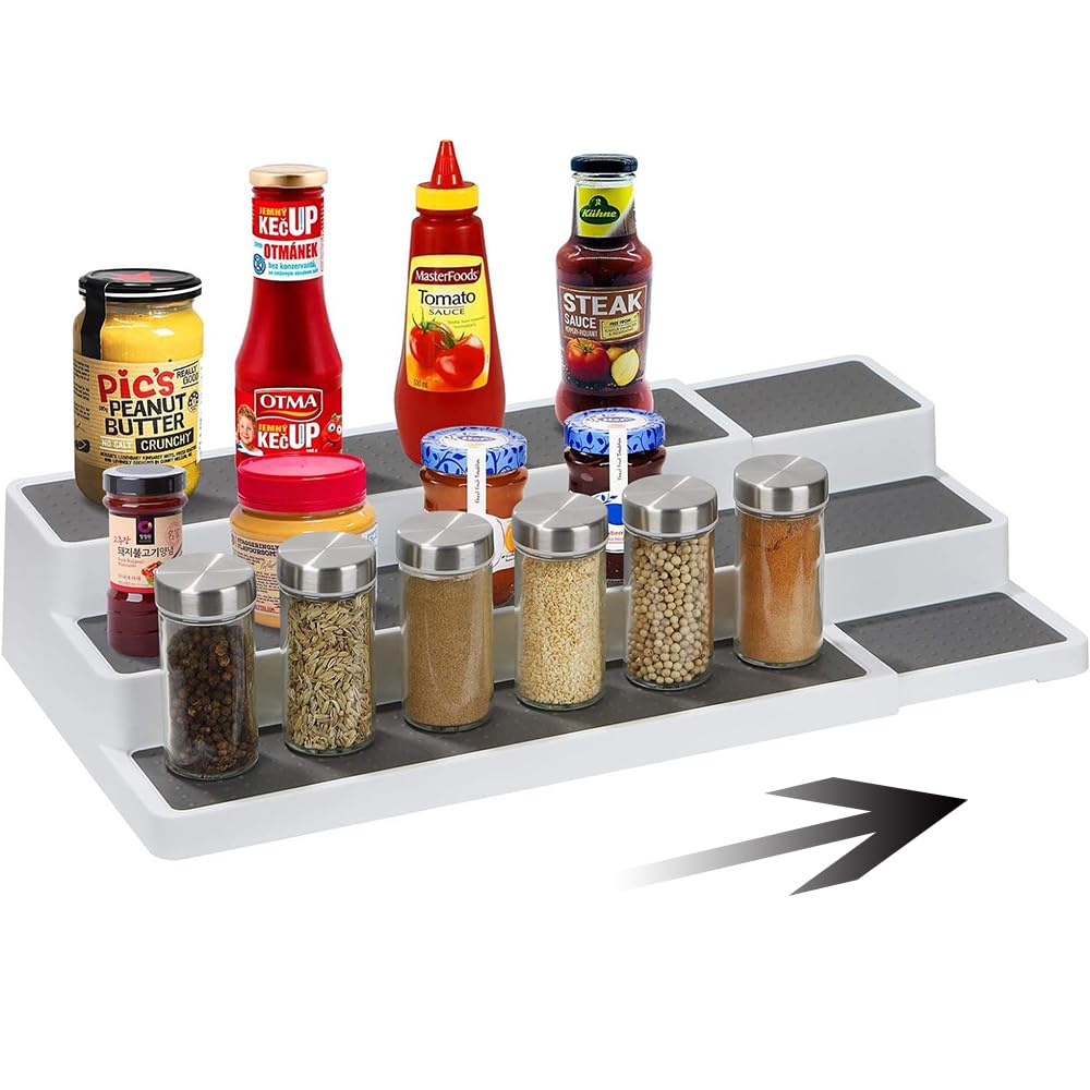 Spice Racks, 3-Tier Non-Slip Expandable Spice Racks, Kitchen Storage Rack, Extendable Cupboard Shelf Organiser, Non Skid Spice Rack Organizer, Kitchen Cabinet Storage for Spices Condiments Cans