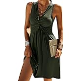 Veatzaer Women's V Neck Front Knotted Sleeveless Tank Dress Summer Solid Casual A Line Dress