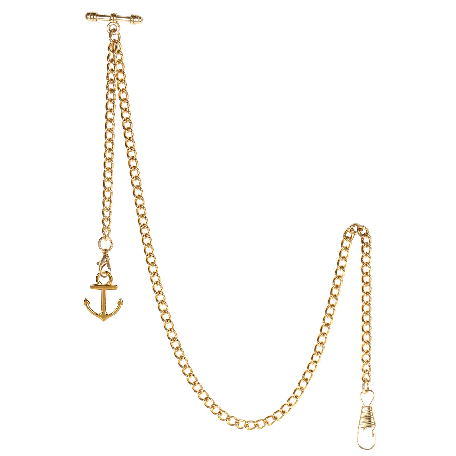 TREEWETO Pocket Watch Chain with T Bar End Albert T-Bar Pocket Watch Chain with Antique Anchor Pendant and 2 Hooks for Vest Buttonhole Gold