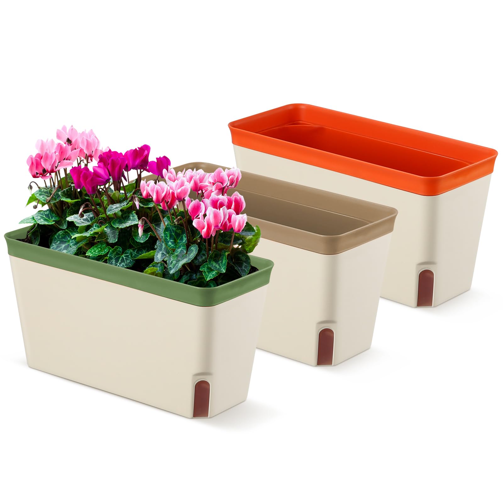 Aenmido 3 Pack Self Watering Plant Pots,27CM Windowsill Herb Planter Box, Plastic Flower Pots for Indoor Outdoor,Modern Decorative Planter Pot with Water Level Window and Drainage Hole Hidden Tray
