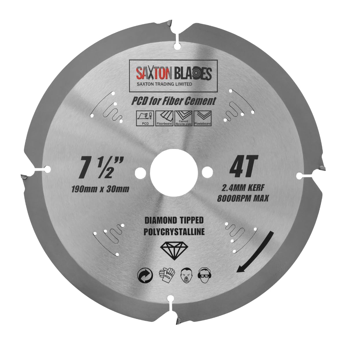 Saxton PCD Circular Saw Blade, 190mm x 4 Teeth x 30mm Bore 16, 20 & 25mm rings, Polycrystalline Diamond Tipped Fibre Cement Board, Hard Materials