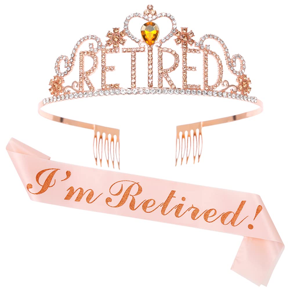 GotGala Retirement Tiara and Sash Set - I'm Retired Rose Gold Glittery Stain Sash Crystal Crown Retirement Gifts for Women Retirement Party Decorations
