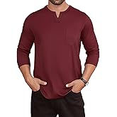 LuxMania Men's Casual Cotton V Neck Long Sleeve T-Shirts Solid Fall Pullover Basic Tee Tops with Pocket Burgundy XL