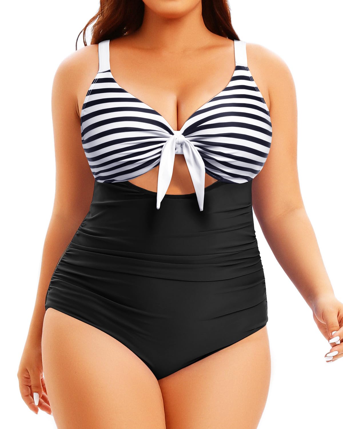 Photo 1 of Aqua Eve Plus Size One Piece Swimsuit for Women Tummy Control Bathing Suit Cutout Swimwear Stripe and Black 16W