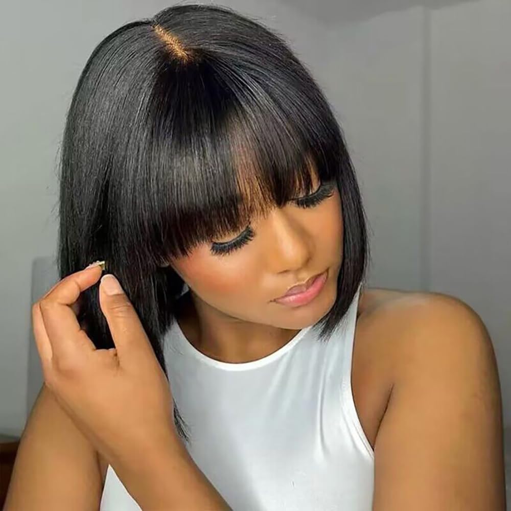PORSMEER Short Bob Human Hair Black Wigs with with Fringe for Women Realistic Short Straight Wigs,Ready to Go Glueless Wig 100% Real Hair Brazilian Virgin Remy Hair Daily Wear 10inch