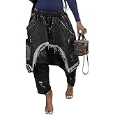 Unybwonn Womens Harem Jeans Baggy Cargo Hippie Patchwork Denim Pants Casual Elastic Waist Wide Leg Jogger Trousers