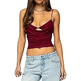 Women Cowl Neck Camisole Y2k Spaghetti Strap Layered Bra Cut Out Tank Top Beaded Solid Color Slim Fit Cami Top