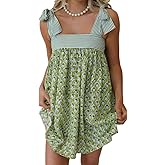 Womens Boho Floral Mini Dress Summer Cottagecore Striped Flowy Smocked Spaghetti Strap Coquette Vacation Sundresses