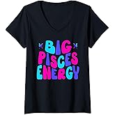 Womens Big Pisces Energy Zodiac Sign Horoscope Women Groovy Funny V-Neck T-Shirt