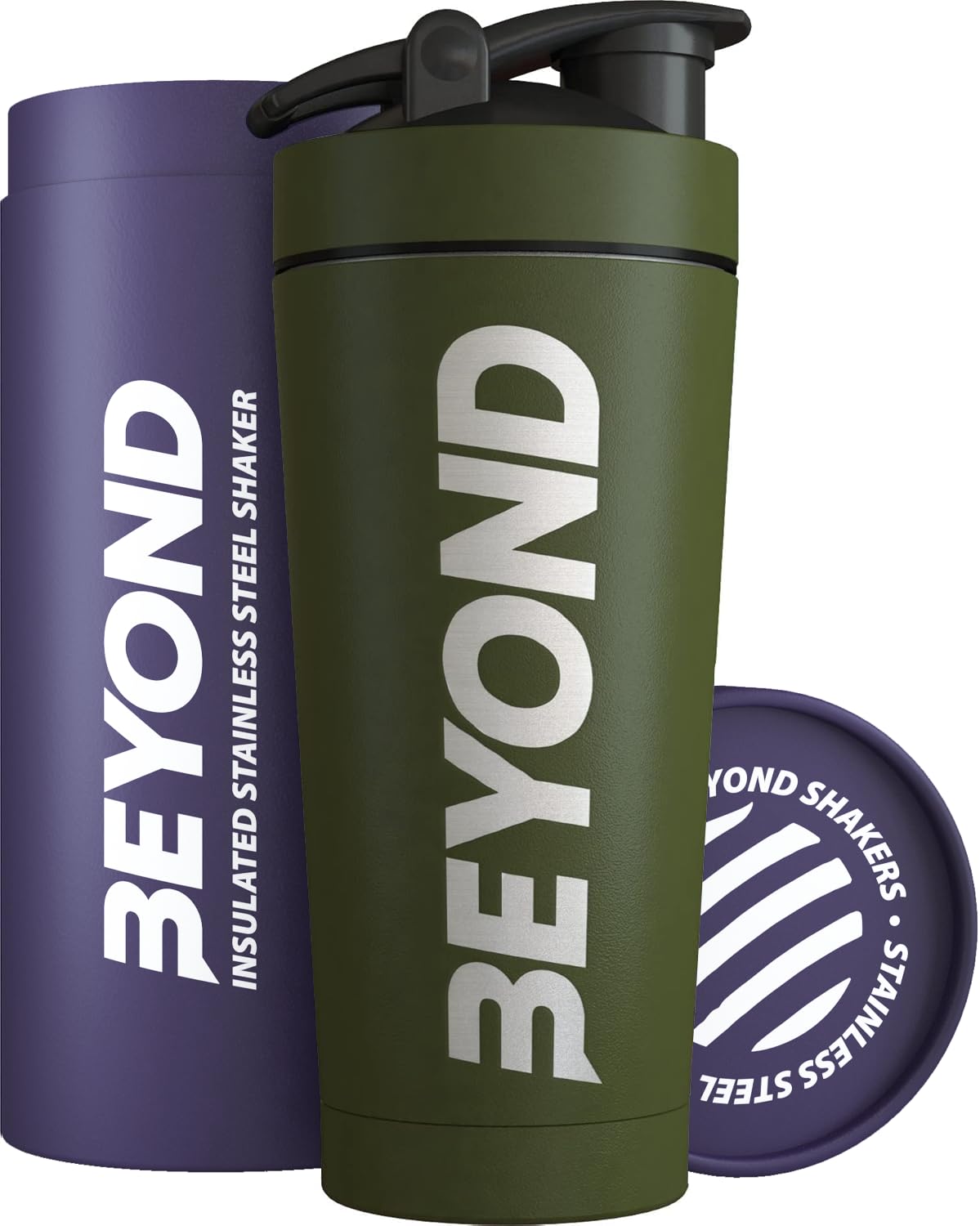Beyond Shakers Insulated Metal Protein Shaker, Stainless Steel Supplement Bottle - BPA Free for Gym 735ml in Forest Green