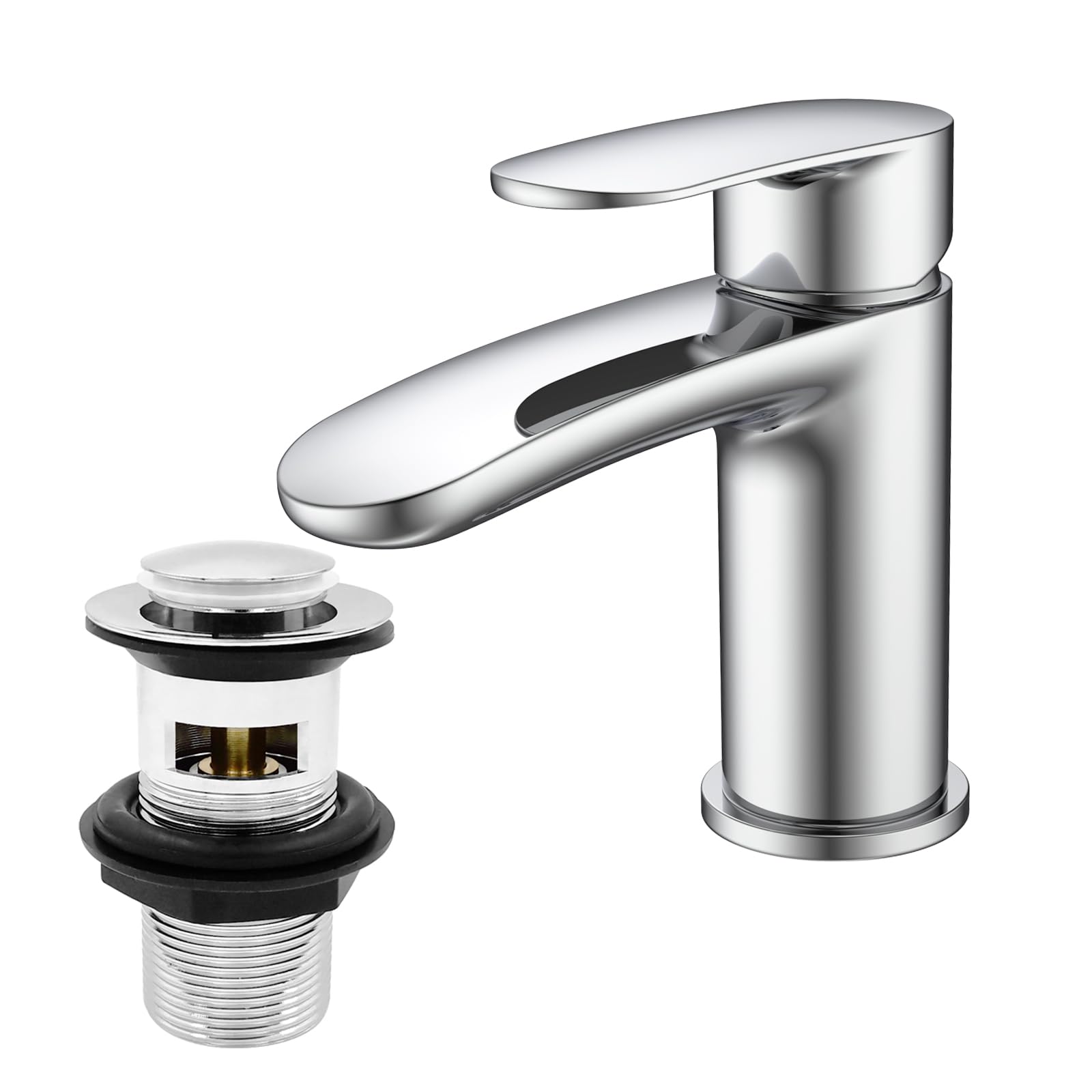 Basin Mixer Tap with Drain, BATHWEST Chromed Brass Bathroom Sink Taps with Waste, Modern Bathroom Taps with Pop Up Waste Large 492CR