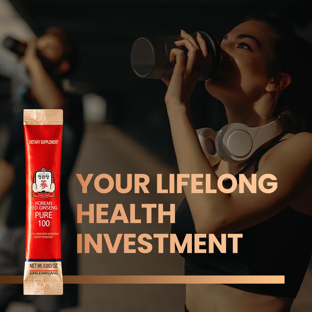 JungKwanJang Korean Red Ginseng Pure 100 - Panax Ginseng Powder Stick Supplements - Energy Boost & Immune Support - Vegan, Caffeine Free, Gluten Free & Non-GMO (Net Wt. 1.48 oz, 30 Sticks)