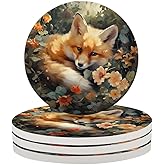 Forest Flowers Cute Fox Coasters Set of 4 Absorbent Coasters 4 Inches Round Ceramic Coasters for Drinks Coaster for Coffee Table Office Summer Outdoor Home Decor