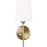 Generation Lighting Baker 1-Light Hardwired Wall Sconce in Satin Brass | Damp-Rated Wall Sconce, Bathroom Vanity Light, or Bathroom Fixture with White Linen Shade for Powder Room or Covered Patio