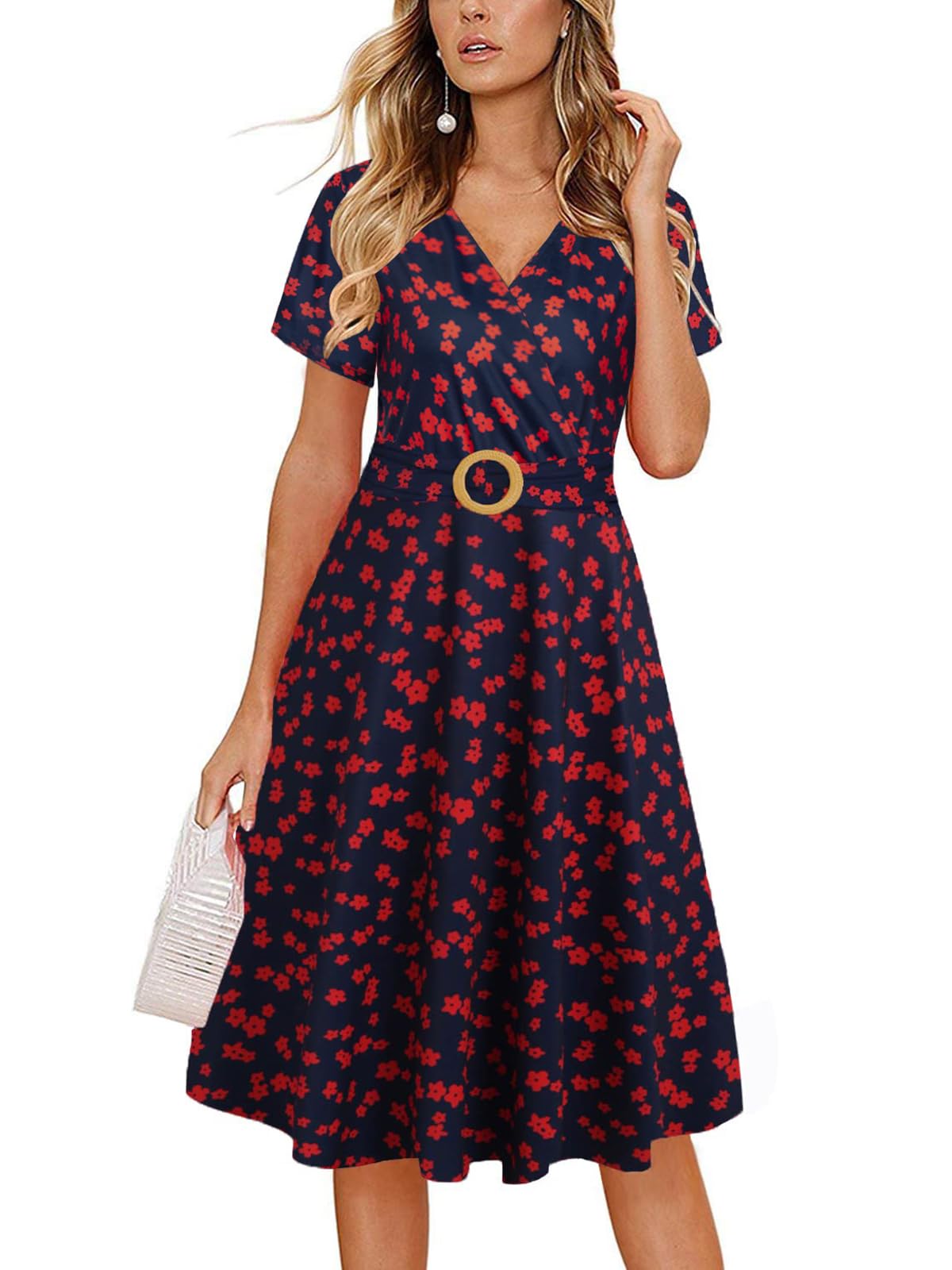 Photo 1 of Knee Length Dress for Women Elegant Criss-Cross V Neck Church 50s Floral Print Cocktail Tea Fit and Flare Dresses with Pockets 980 Navy Red L