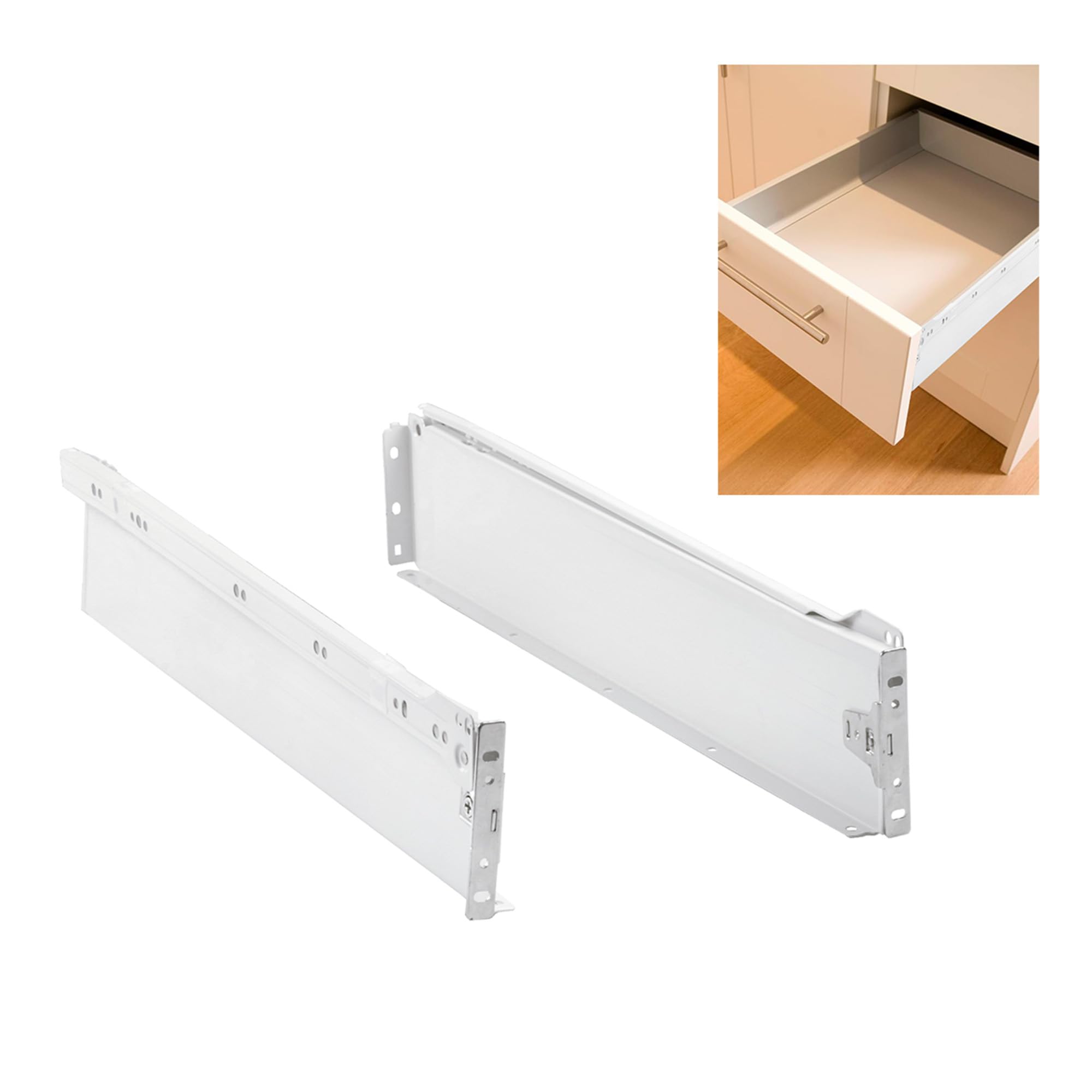 Amig - Set of 2 Metal Sliding Runners Mod 30 with Wheels and Drawer Sides for Furniture Drawers or Cupboards White Steel 86 x 450 mm
