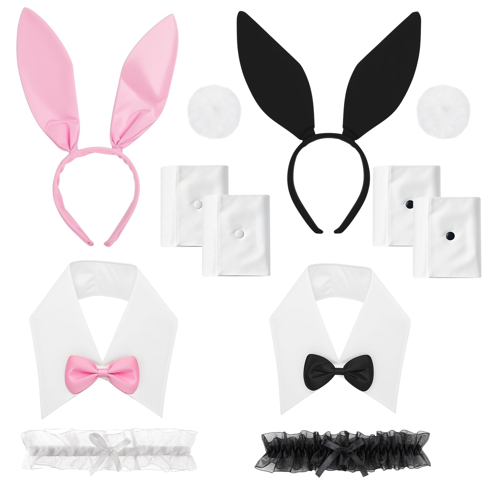 Jokureao Bunny Costume Set for Adults, Bunny Ears and Tail Set with Bow Tie, Cuffs & Garters, Bunny Costume Accessories for Halloween Fancy Dress, Easter Party & Cosplay
