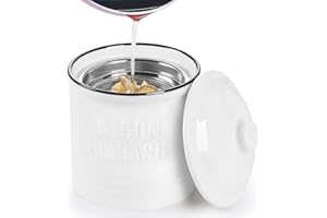 ONTUBE Ceramic Bacon Grease Container Keeper with Strainer,1L Frying Oil Storage Can White