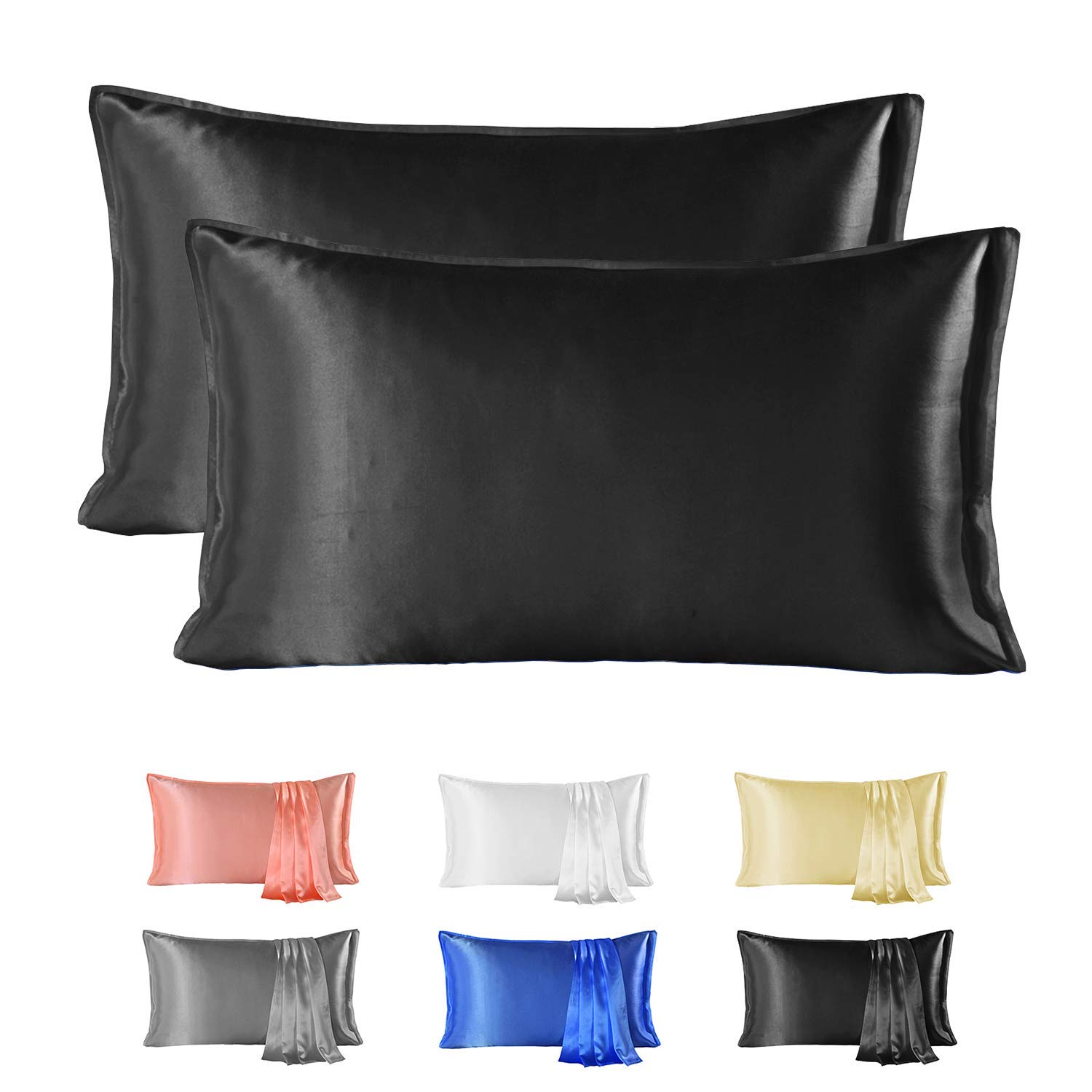 Since Silk 100% Mulberry Silk Pillowcase 2 Pieces Set, 22 Momme Grade 6A Silk Pillowcases for Hair and Skin, Soft Silk Pillow Case with Envelope Closure (50x66 cm, Black)