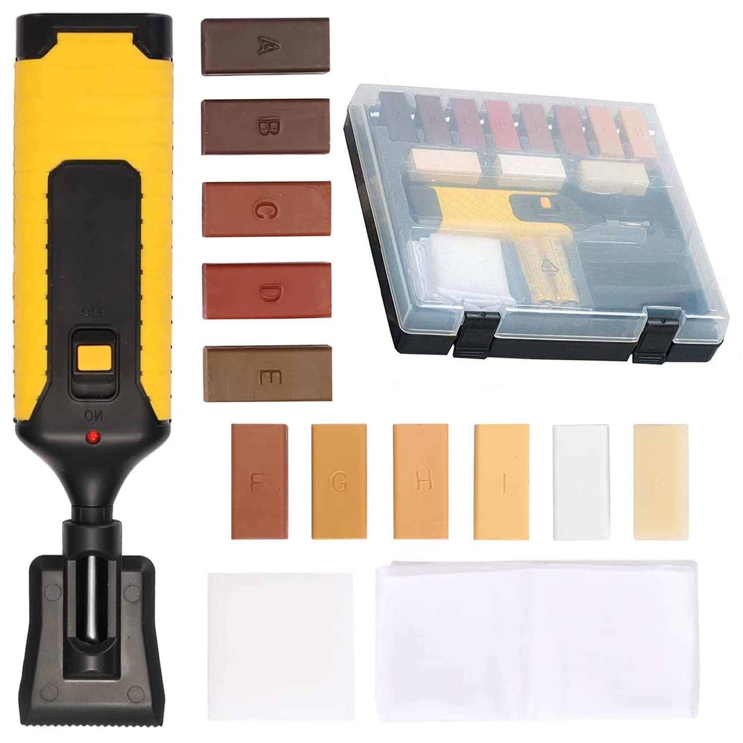 19Pcs Laminate floor repair kit, Furniture Repair Kit, Wax Heating repair Gun for Wax Laminate vinyl PVC Worktop Flooring repair 11 Colors Wax Blocks Chips Remover, Damaged Laminate Vinyl Floor Repair