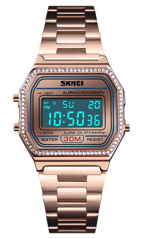 Classic Unisex Women's Men's Digital Multifunction Sports Watch Stainless Steel Band Square Waterproof Electronic Led Watch (Crystals Rose Gold)