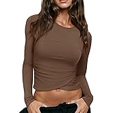 LASLULU Womens Sexy Crossover Crop Top Long Sleeve Workout Tops Crewneck Athletic Yoga T-Shirts Fall Outfits