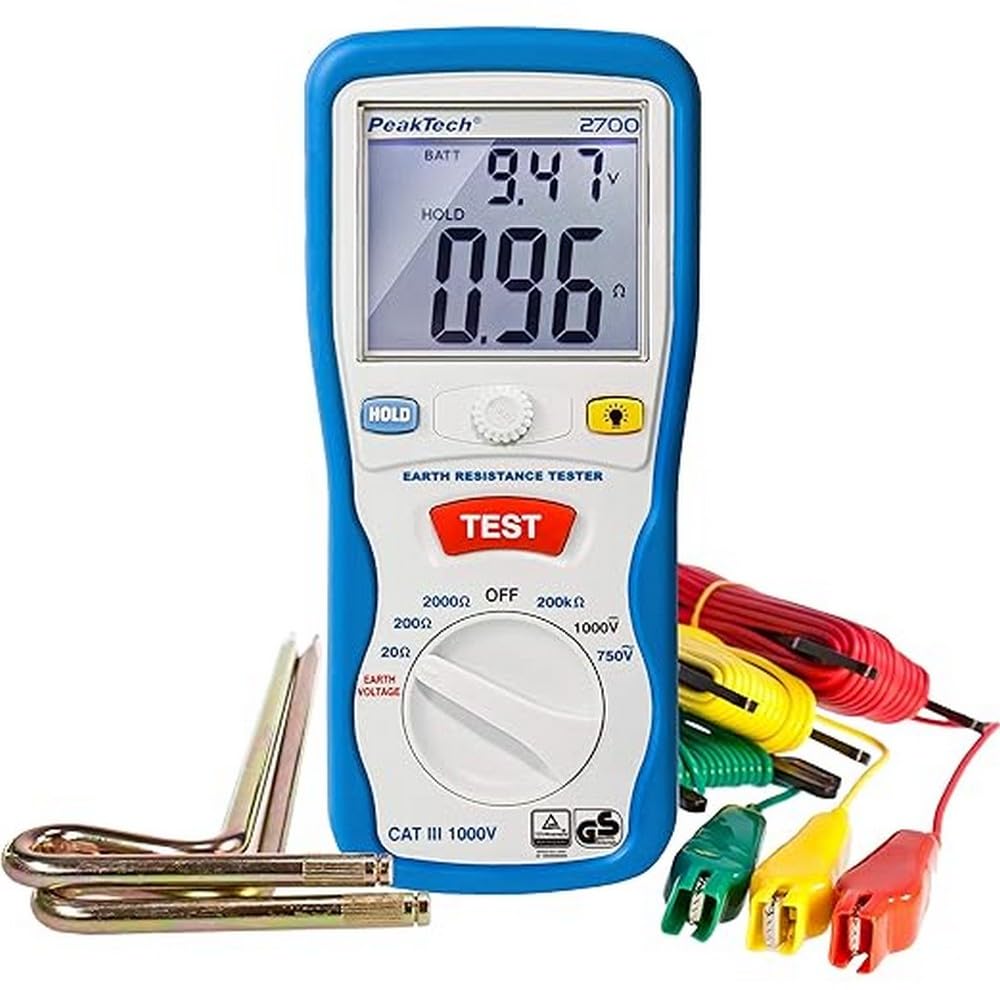 PeakTech 2700 - Digital Earth Resistance Tester, Dual Illumination LCD Display and 2 Earth Rods, Earth Resistance, AC/DC, TÜV/GS, Data Hold, Auto Power Off, Automatic Zero Adjustment - Cat III 1000 V
