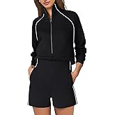 SENSERISE Womens Long Sleeve Romper One Piece Jumpsuits Mock Neck Wide Leg Shorts Fall Outfits with Zipper & Pockets