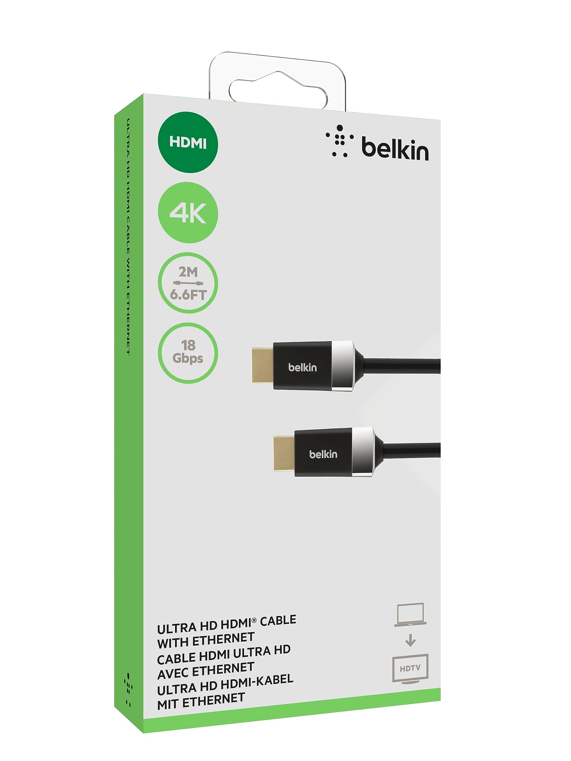 Belkin 6.6ft/2M HDTV High-Speed HDMI Cable w/Ethernet, 4K/Ultra HD, HDR, & 3D Compatibility, 18Gbps Data Transfer for Streaming, Gaming, Home Theater, Supports HDMI 2.0 for TVs, Monitors, Projectors