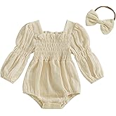 Kavousa Smocked Baby Girl Clothes Newborn Girl Bubble Romper Long Sleeve Jumpsuit And Headband Outfit Cute Infant Clothing