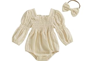 Kavousa Smocked Baby Girl Clothes Newborn Girl Bubble Romper Long Sleeve Jumpsuit And Headband Outfit Cute Infant Clothing