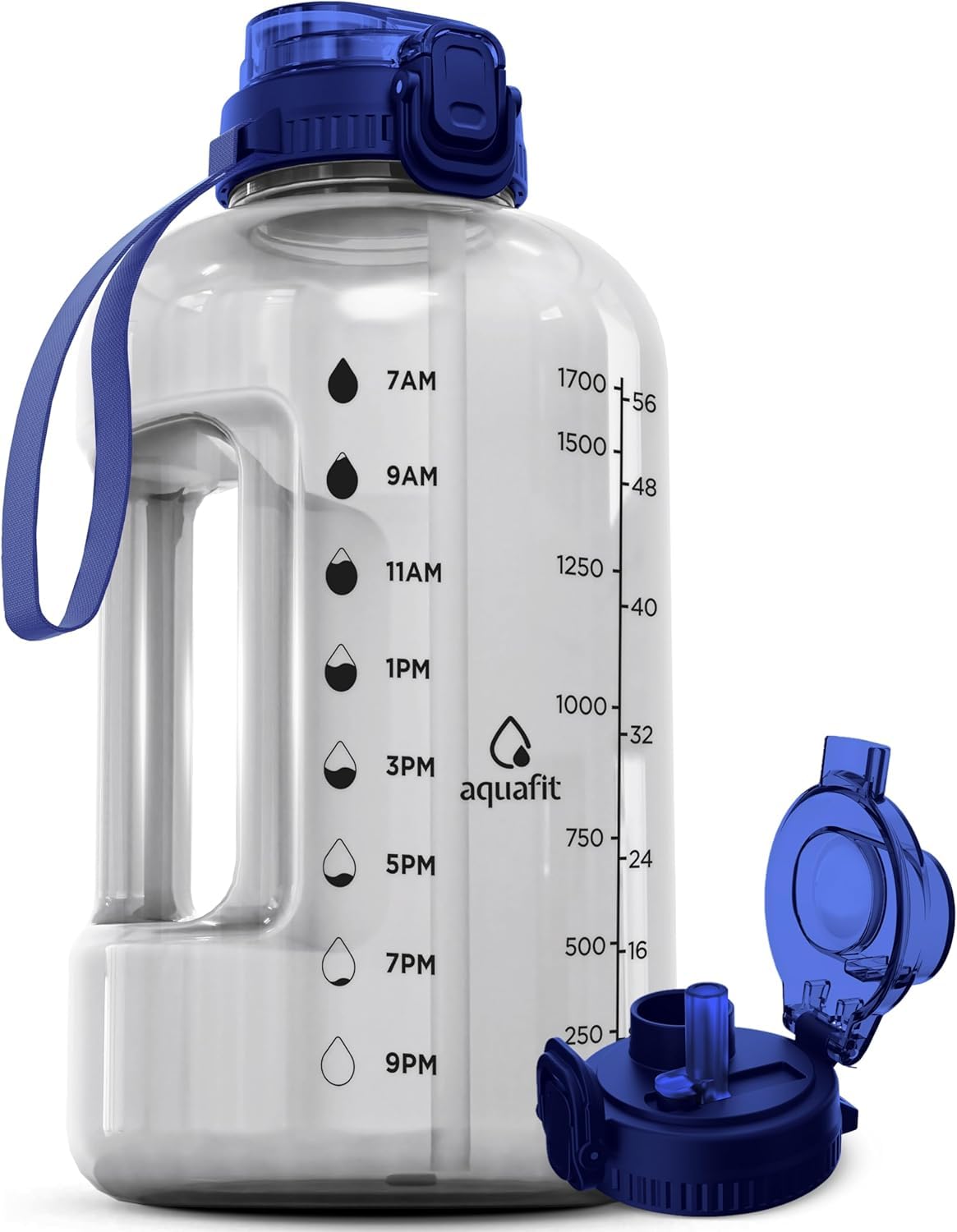 Photo 1 of AQUAFIT Half Gallon Water Bottle with Time Marker - Straw & Chug Lid - BPA Free Gym Water Bottle with Straw - Big Gallon Jug (Clarity, 64 oz - 2in1 Lid)