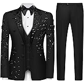 Luxury Men's 2 Piece Suit Slim Fit Solid 2 Button Beads Crystal Party Wedding Tuxedo Suits Blazer Jacket Pants Set