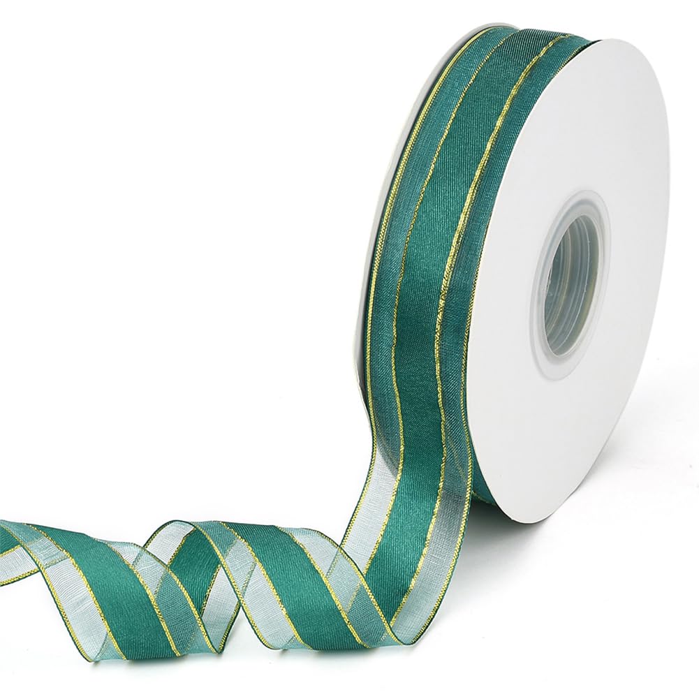 CABODYALS 45.72M 1 Inch Dark Green Organza Ribbon Gold Edge Ribbon Sheer Transparent Forest Green Soft Mesh Voile Nylon Fabric Spool Ribbons for Gift Wrapping Christmas Hair Braiding Wedding DIY