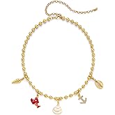 TOVABA Beach Necklace Dainty Shell Charm Necklace for Women Delicate Bead Chain with Puka Shell Pendant Anchor Crab Charms Beachy Summer Jewelry