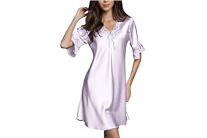 Women Satin Nightgown Short Sleeve V-Neck Sleepwear Lace Trim Babydoll Lingerie Silk Chemise Short Nightwear Dress