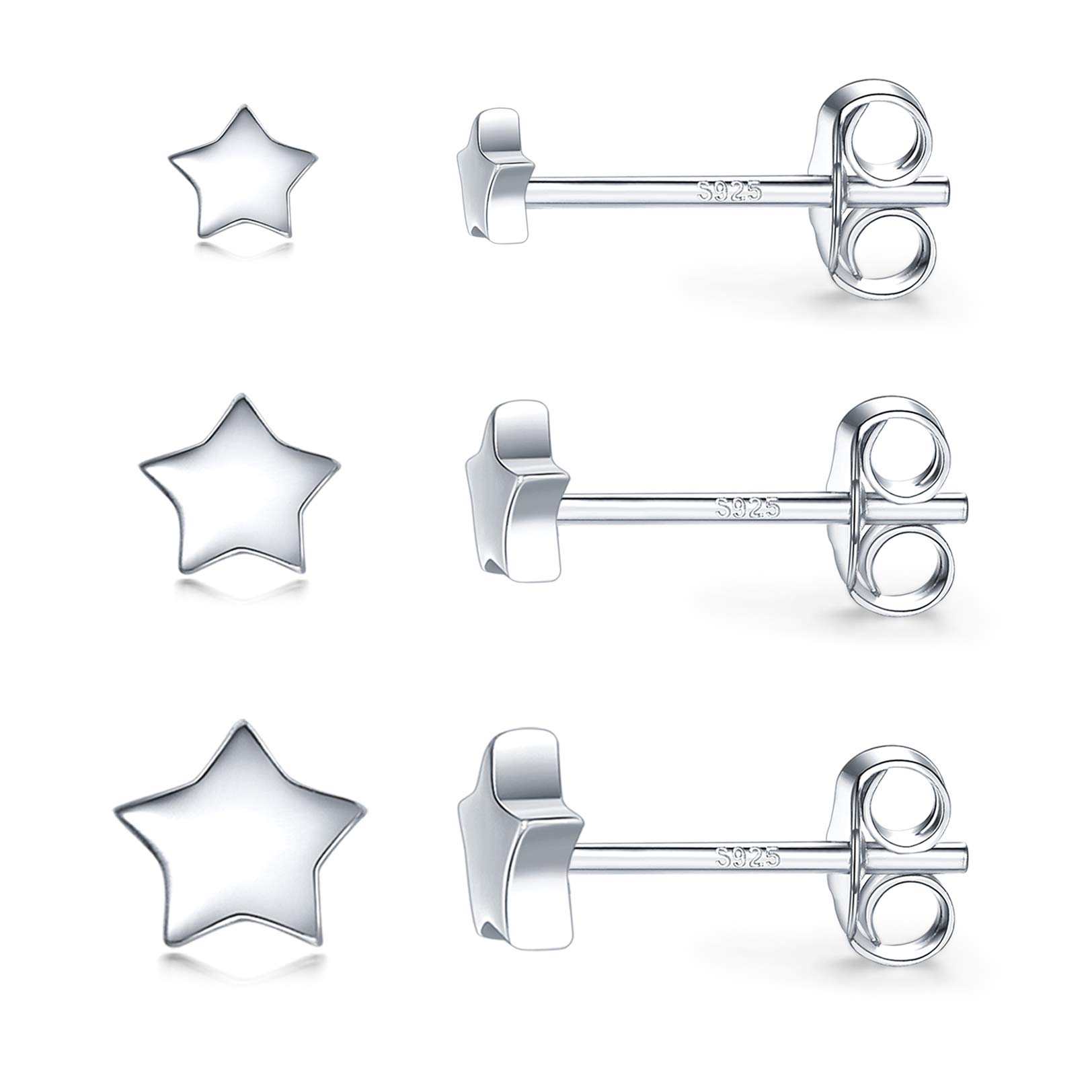 3 Pairs 925 Sterling Silver Star Stud Earrings for Women,Tiny Simple Geometric Stud Earrings Set Small Hypoallergenic Cartilage Tragus Ear Jewellery for Men Girls (3/4/5mm)