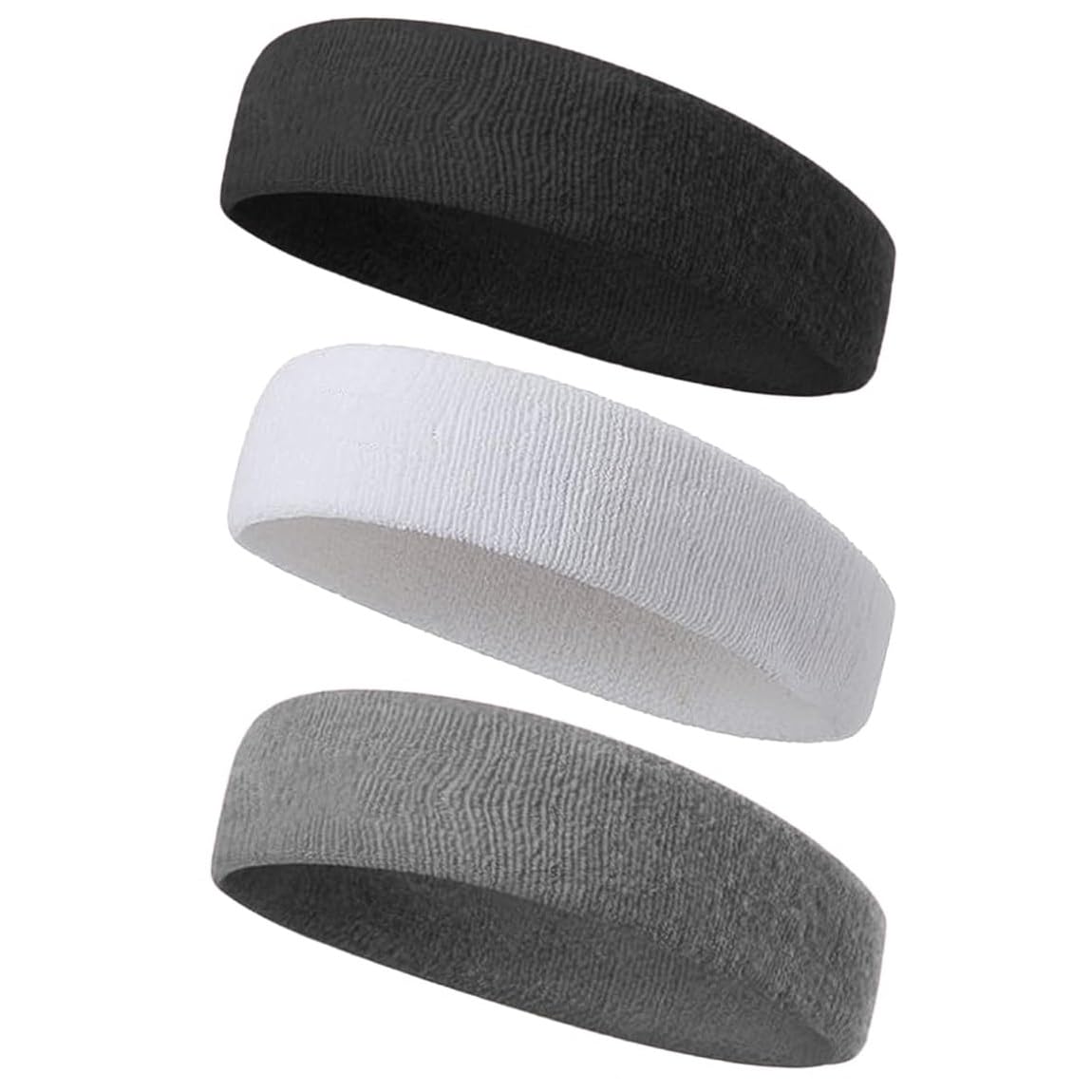 KOMUNJ Sports Headbands, Sweatband for Men Women, Elastic Headbands for Running, Bike, Jogging, Tennis, Football (Pack of 3, Black, White, Grey)