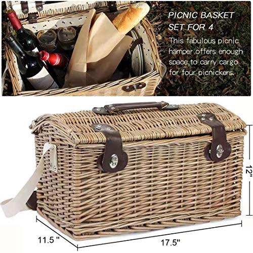 HappyPicnic Willow Picnic Basket Set for 4 Persons, Natural Wicker
