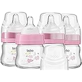 YOHKOH Glass Baby Bottles with Slow Flow Nipple, Newborn Anti-Colic Baby Bottles for 0+ Months, Wide Neck Feeding Bottle, Clear (Red, 2.7oz (Pack of 4))