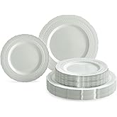 " OCCASIONS " 50 Plates Pack (25 Guests)-Extra Heavyweight Vintage Wedding Disposable/Reusable Plastic Plates -25x11'' Dinner + 25x8.25'' Salad/dessert (Chateau Collection Light Gray)