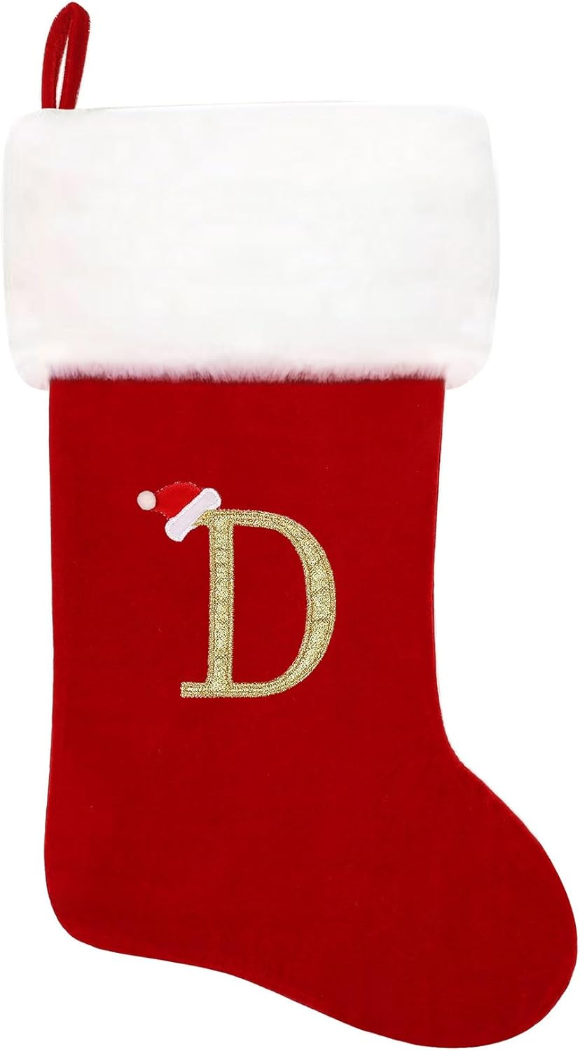 Stockings & Holders - Eoocan 20 Inches Monogram Christmas Stockings Red Velvet with White Super Soft Plush Cuff Embroidered Xmas Stockings Classic Personalized Stocking Decorations for Family Holiday Season Decor(Letter D)