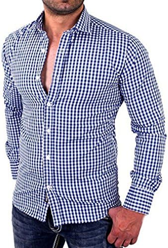 AmyDong Hot Sale Men's Plaid Shirts T-Shirt Male Long Sleeve Slim Fit Business Casual Shirt Polyester Black (XL, Blue)